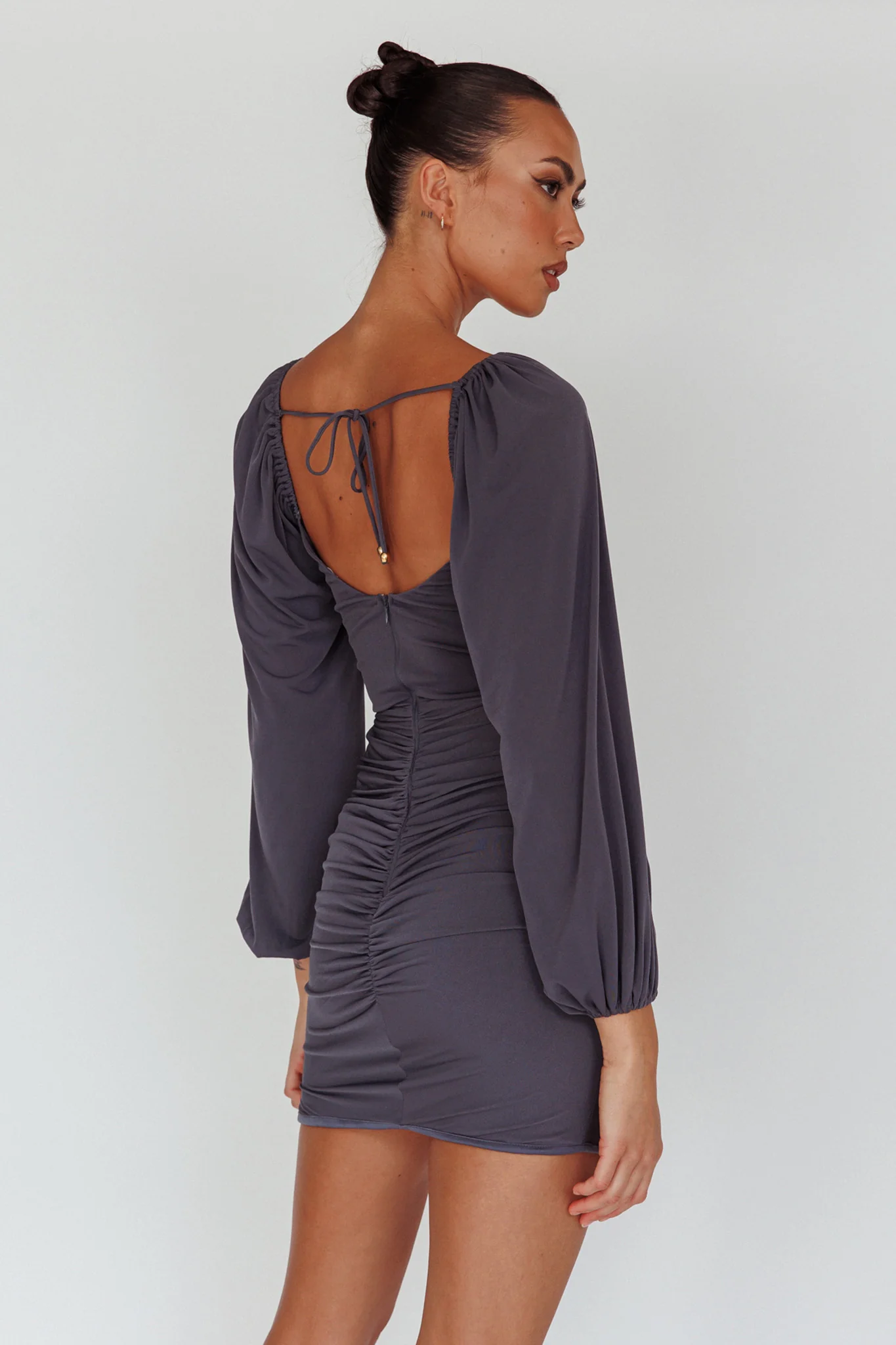 In Luck Cut-Out Waist Ruched Mini Dress Charcoal - Sonourner