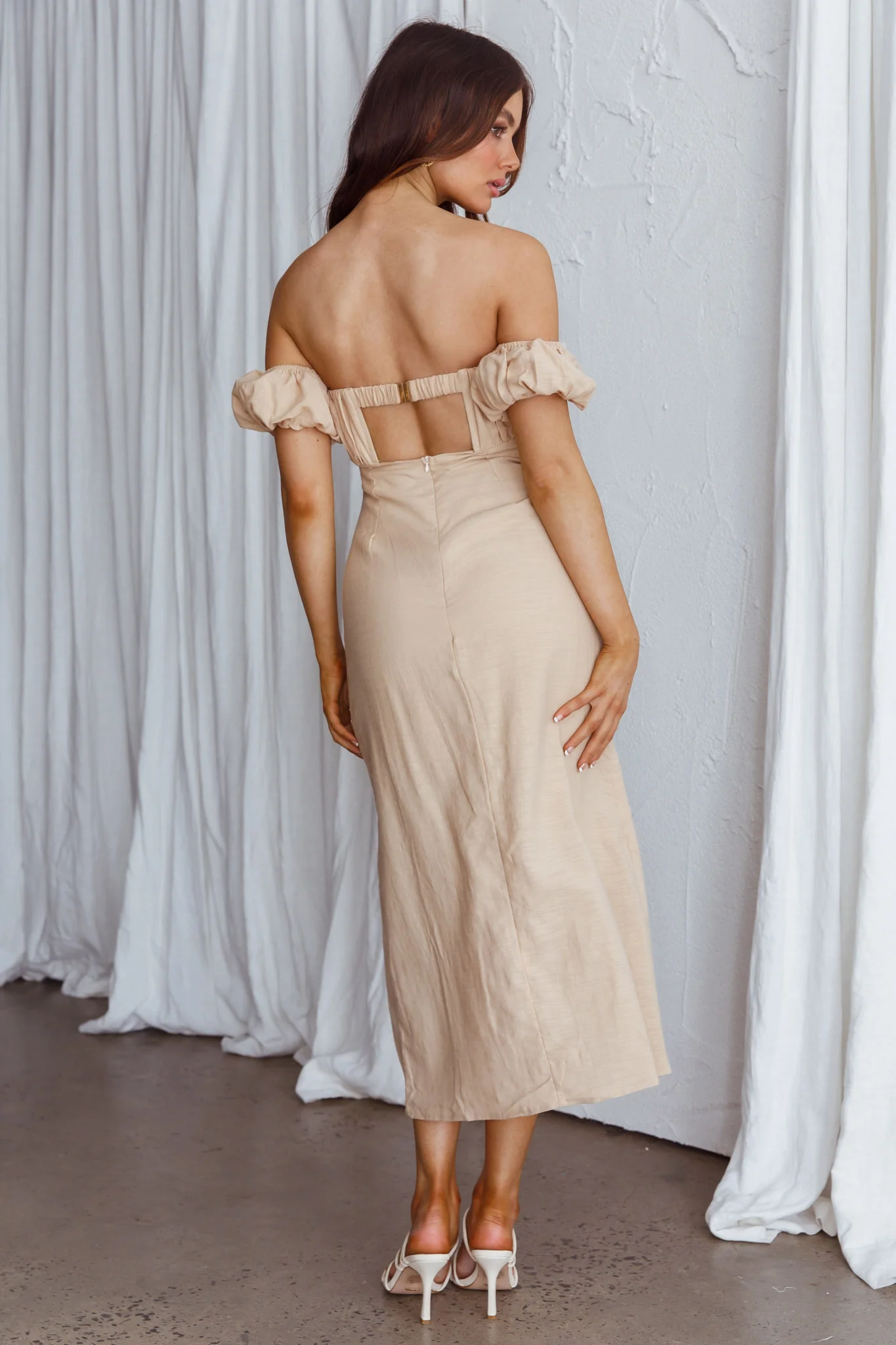 Nico Off-Shoulder Split Midi Dress Sand - Sonourner