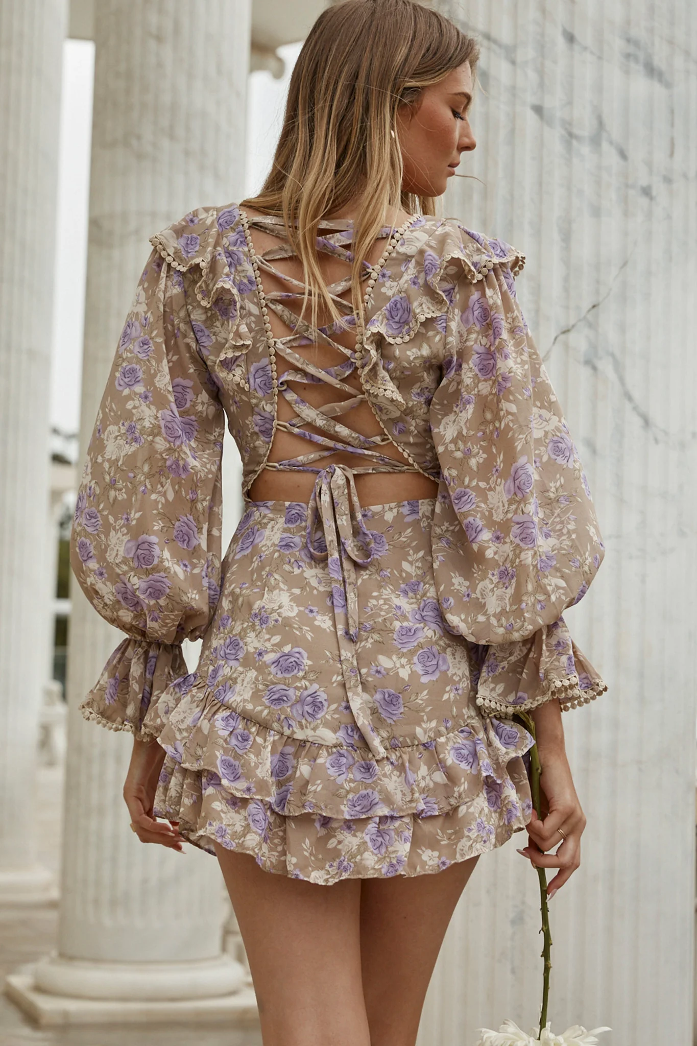 Charade Long Sleeve Corset Back Dress Floral Print Lilac - Sonourner