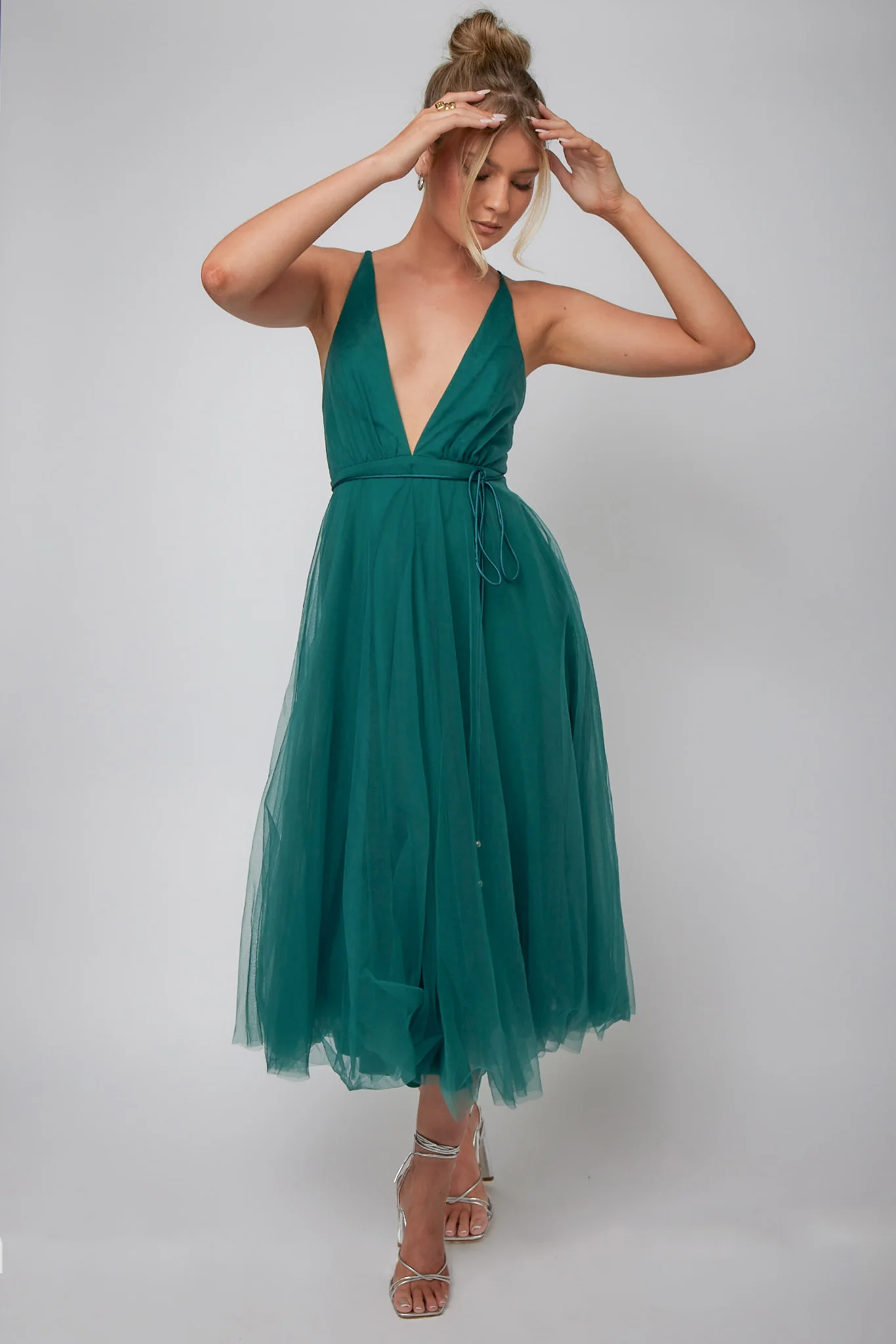 Floating By Plunging Neckline Mesh Overlay Midi Dress Forest Green - Sonourner