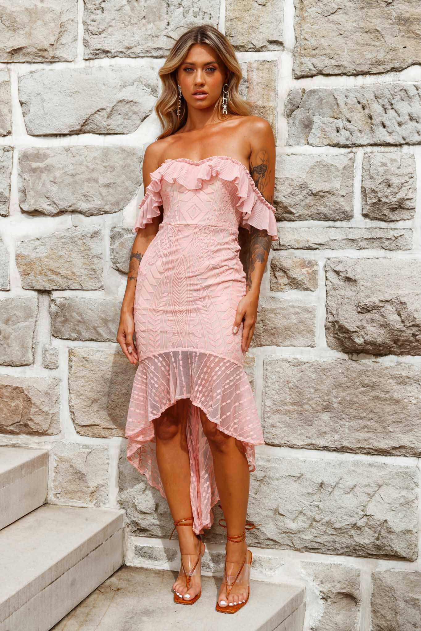 Dreamy Off-Shoulder High-Low Hem Dress Blush - Sonourner