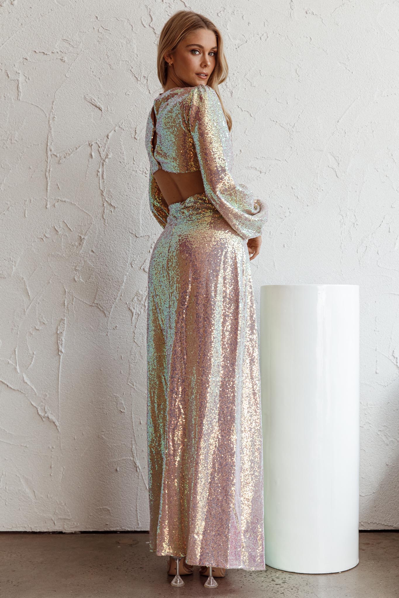 Inna Long Sleeve Cut-Out Maxi Dress Sequin Rose Gold - Sonourner
