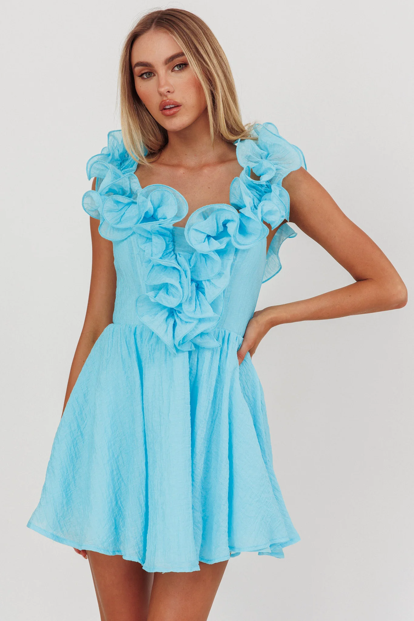 Nivaya Ruffle Neckline Mini Dress Ocean - Sonourner