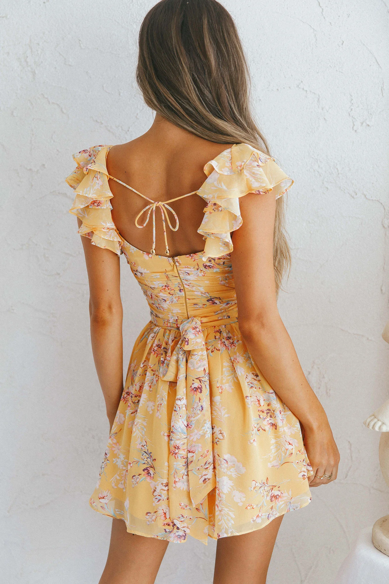 Lola Ruffle Shoulder Ruched Dress Floral Print Yellow - Sonourner