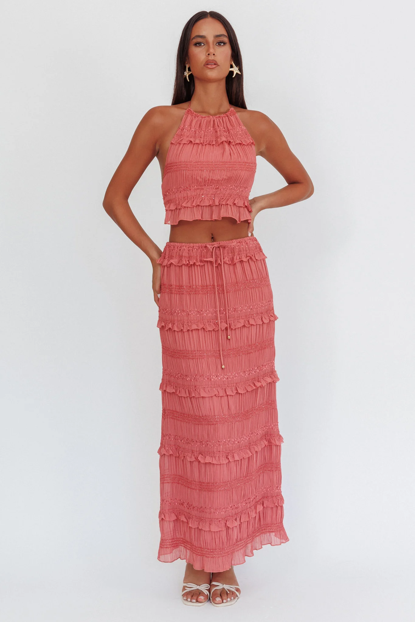 Helios Shirred Sequin Maxi Skirt Rose - Sonourner
