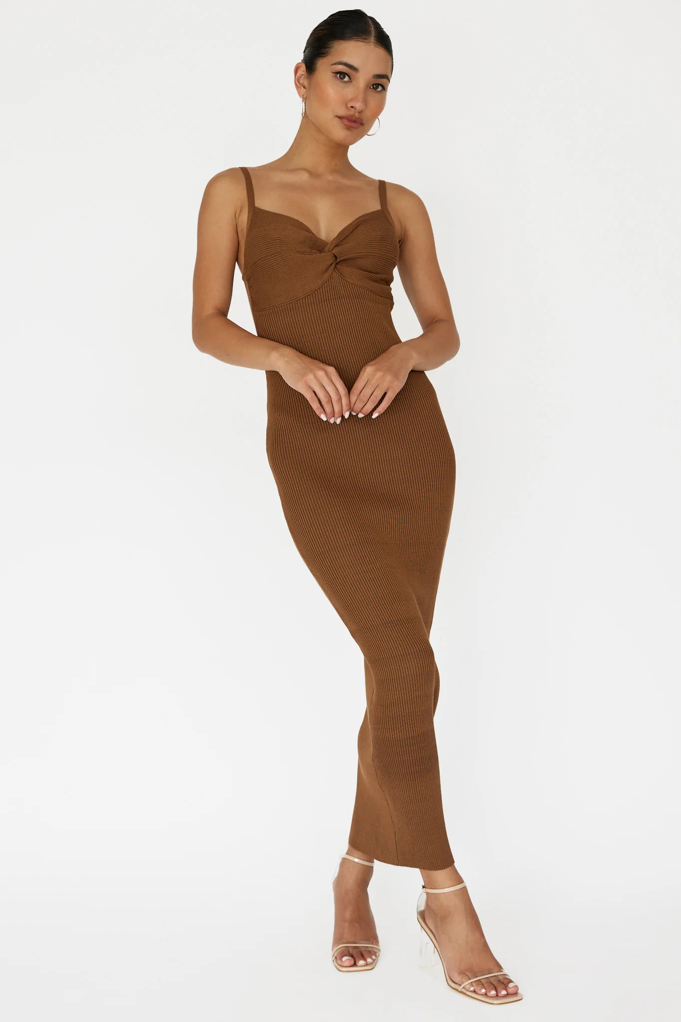 Lover's High Twist Bust Knit Midi Dress Chocolate - Sonourner