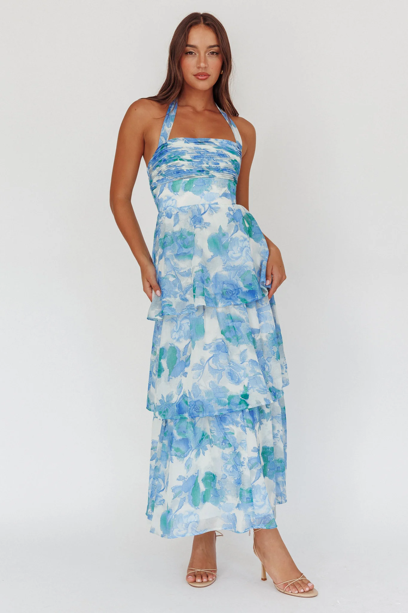 Seascape Halterneck Layered Maxi Dress Floral Blue - Sonourner