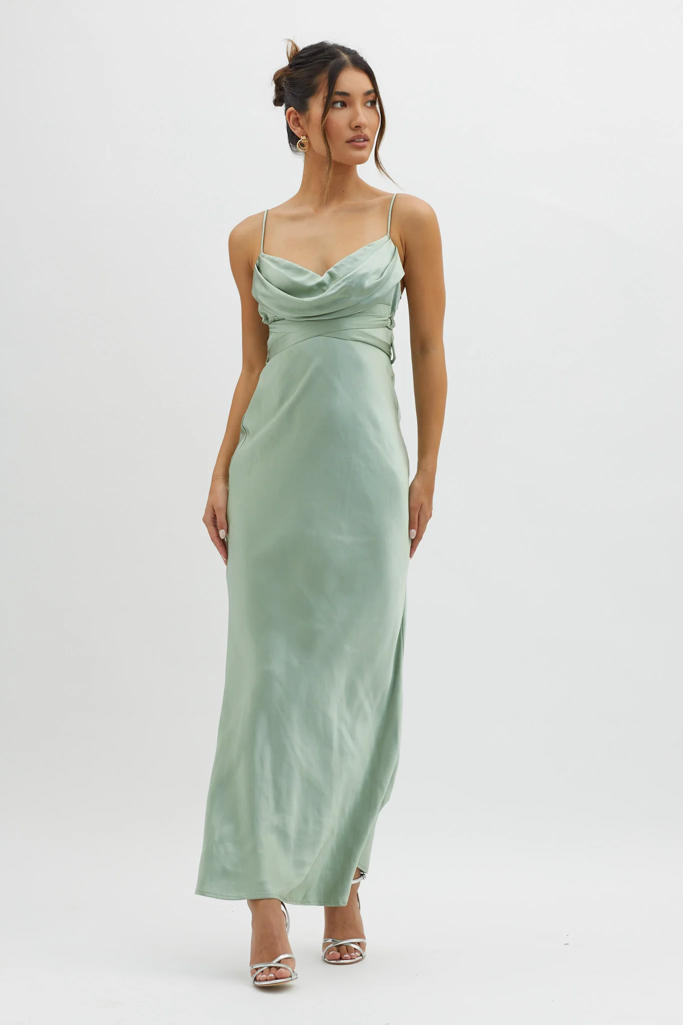 Starring Role Cowl Bust Waist Tie Dress Sage - Sonourner