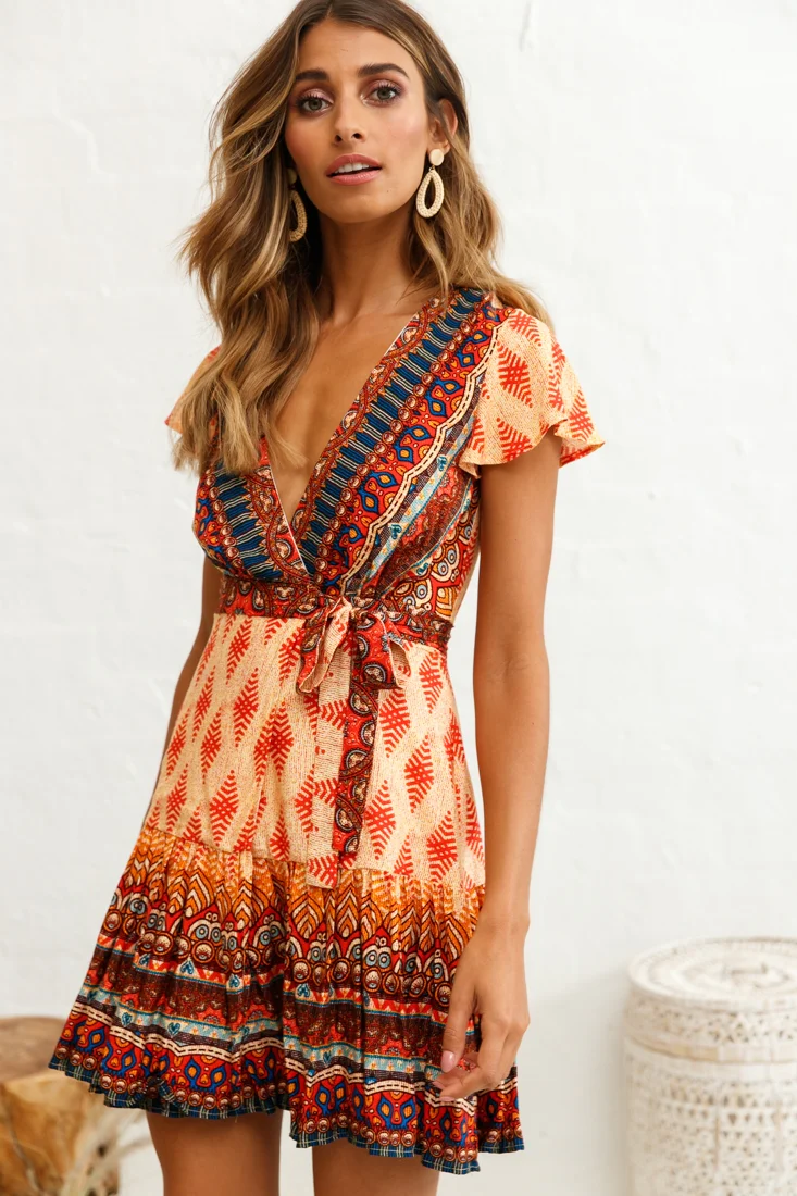 Mayan Angel Sleeve Waist Tie Dress Red Print - Sonourner