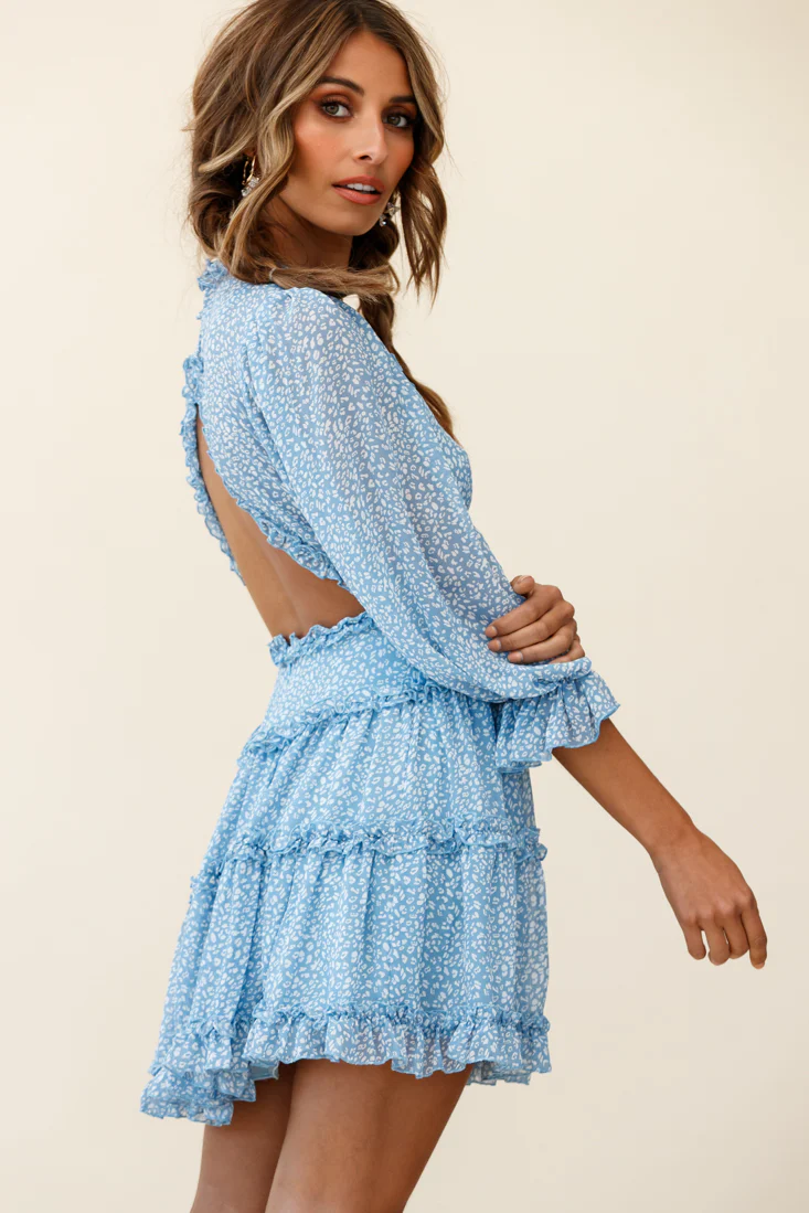 Laney Cutout Back Balloon Sleeve Dress Speckle Print Blue - Sonourner