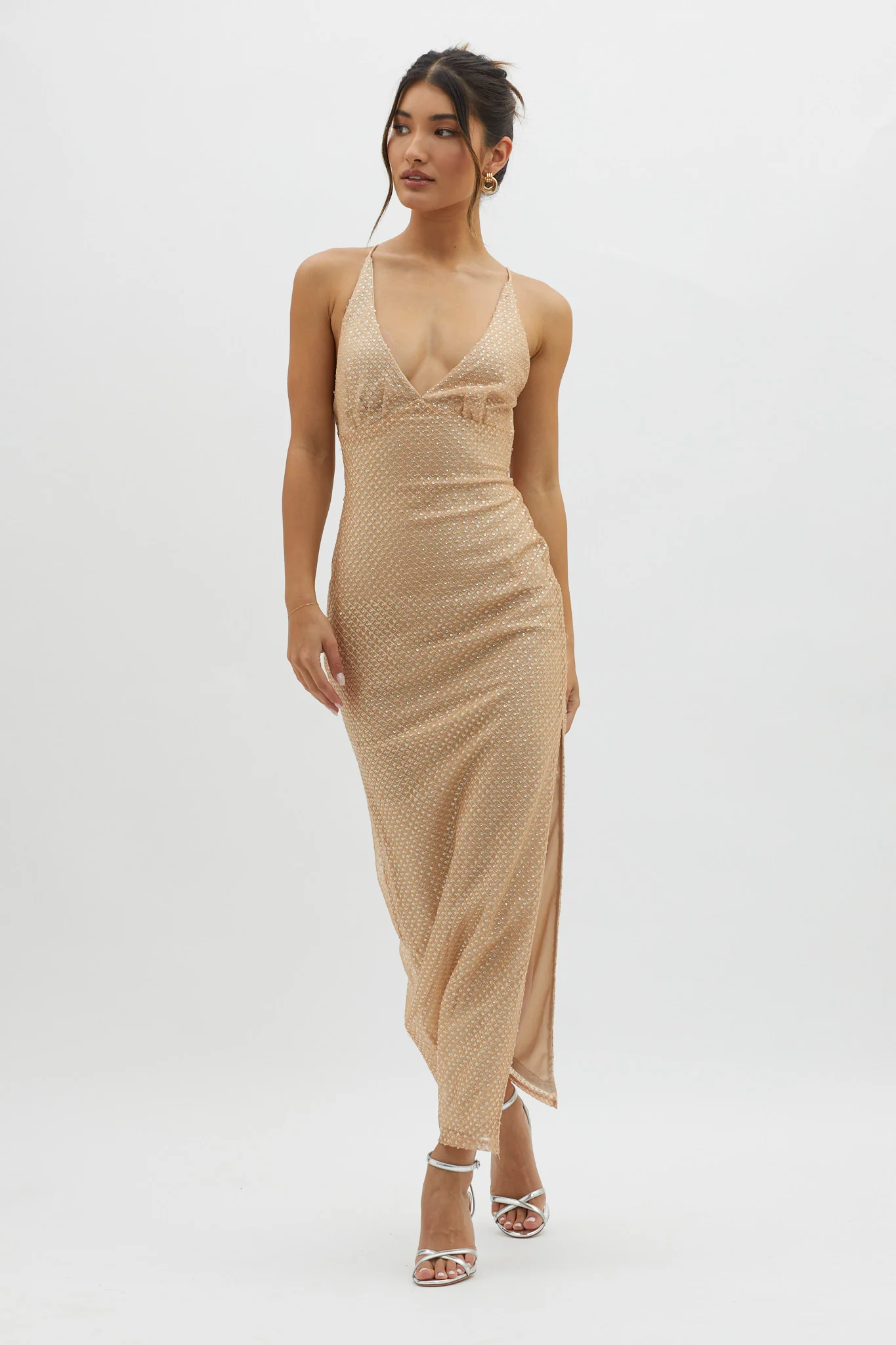 Alysia Plunging Halterneck Maxi Dress Champagne - Sonourner