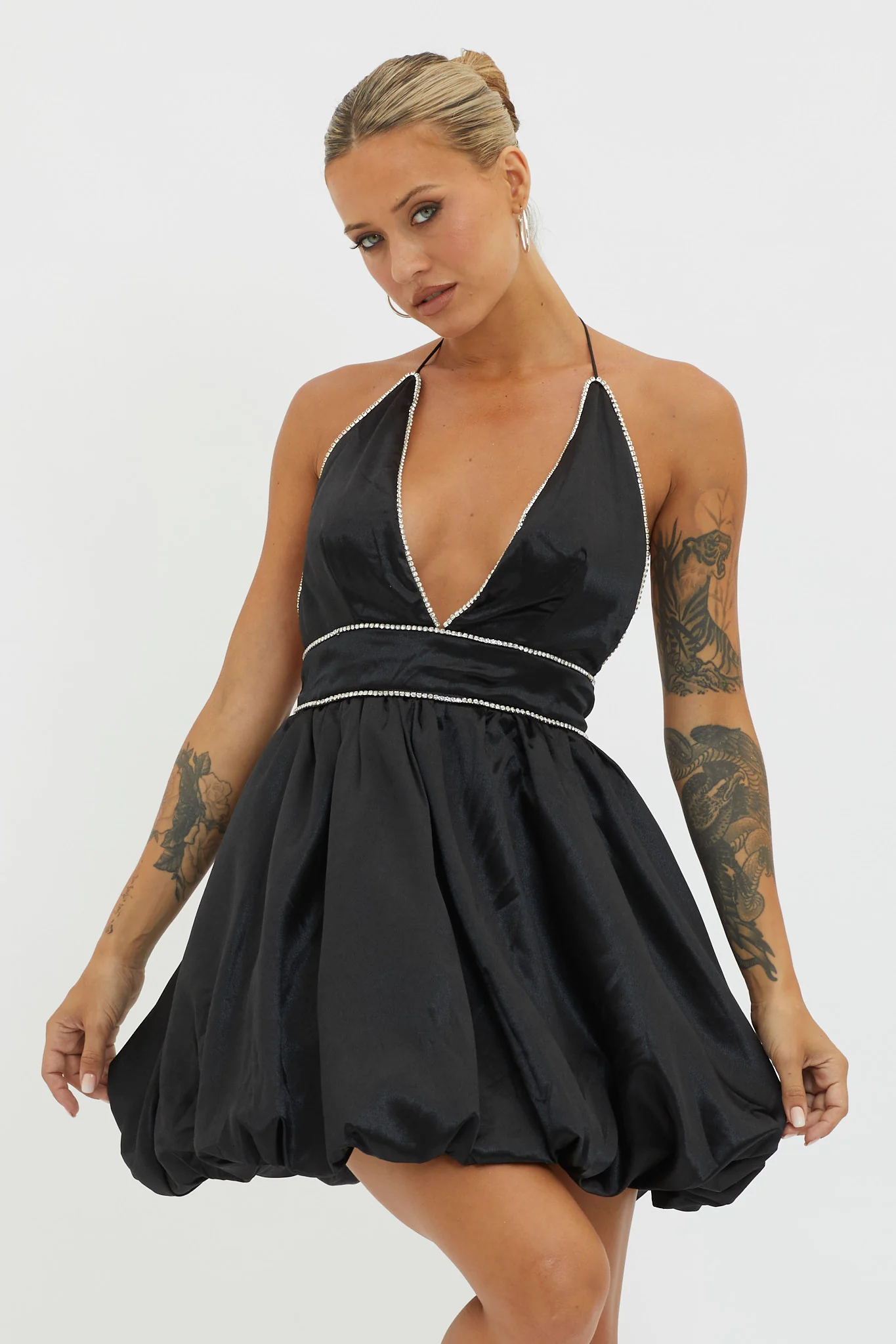 I Can Explain Diamante Bubble Hem Dress Black - Sonourner