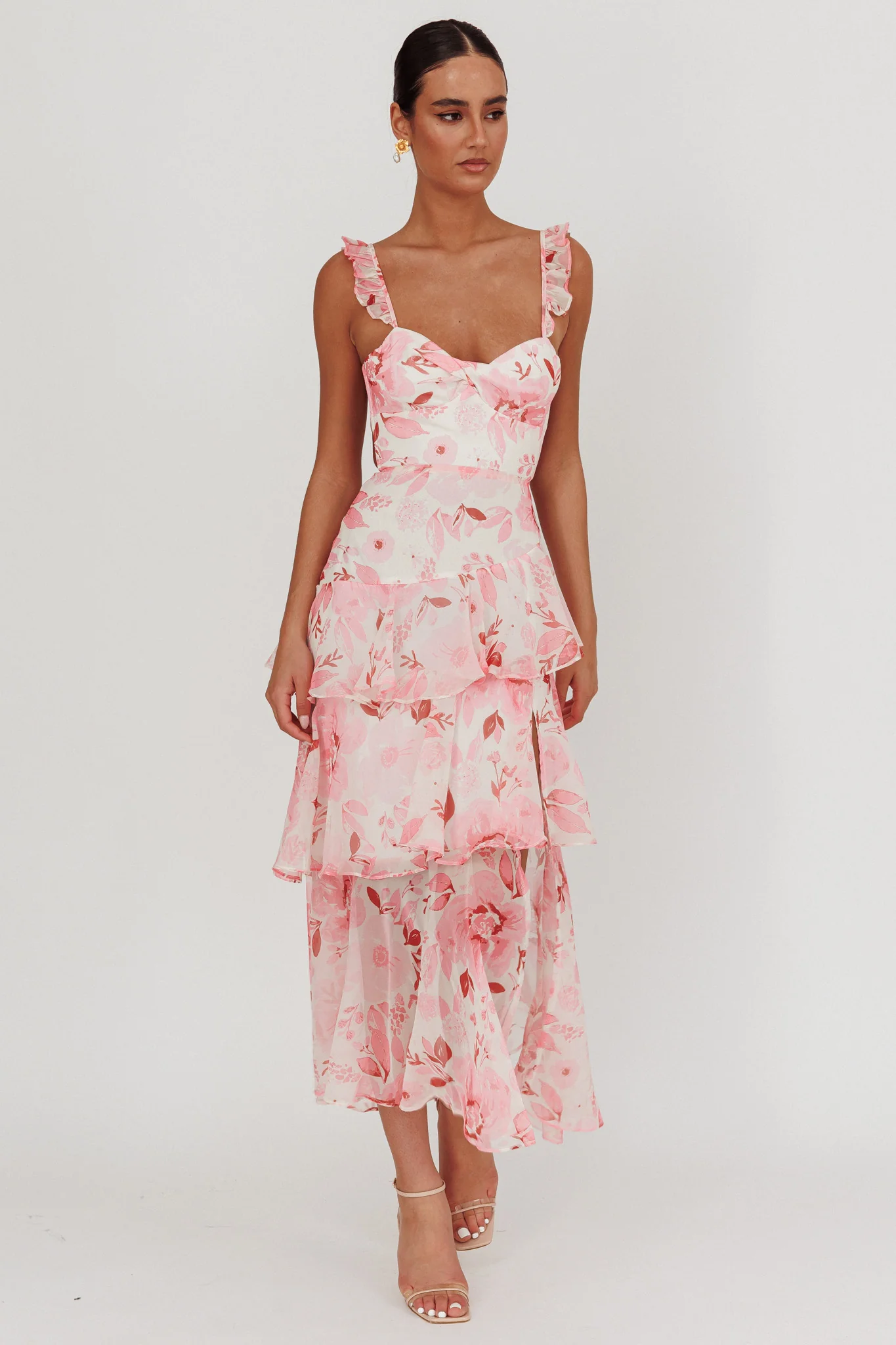 Veda Strappy Back Ruffle Maxi Dress Flowers Blush - Sonourner