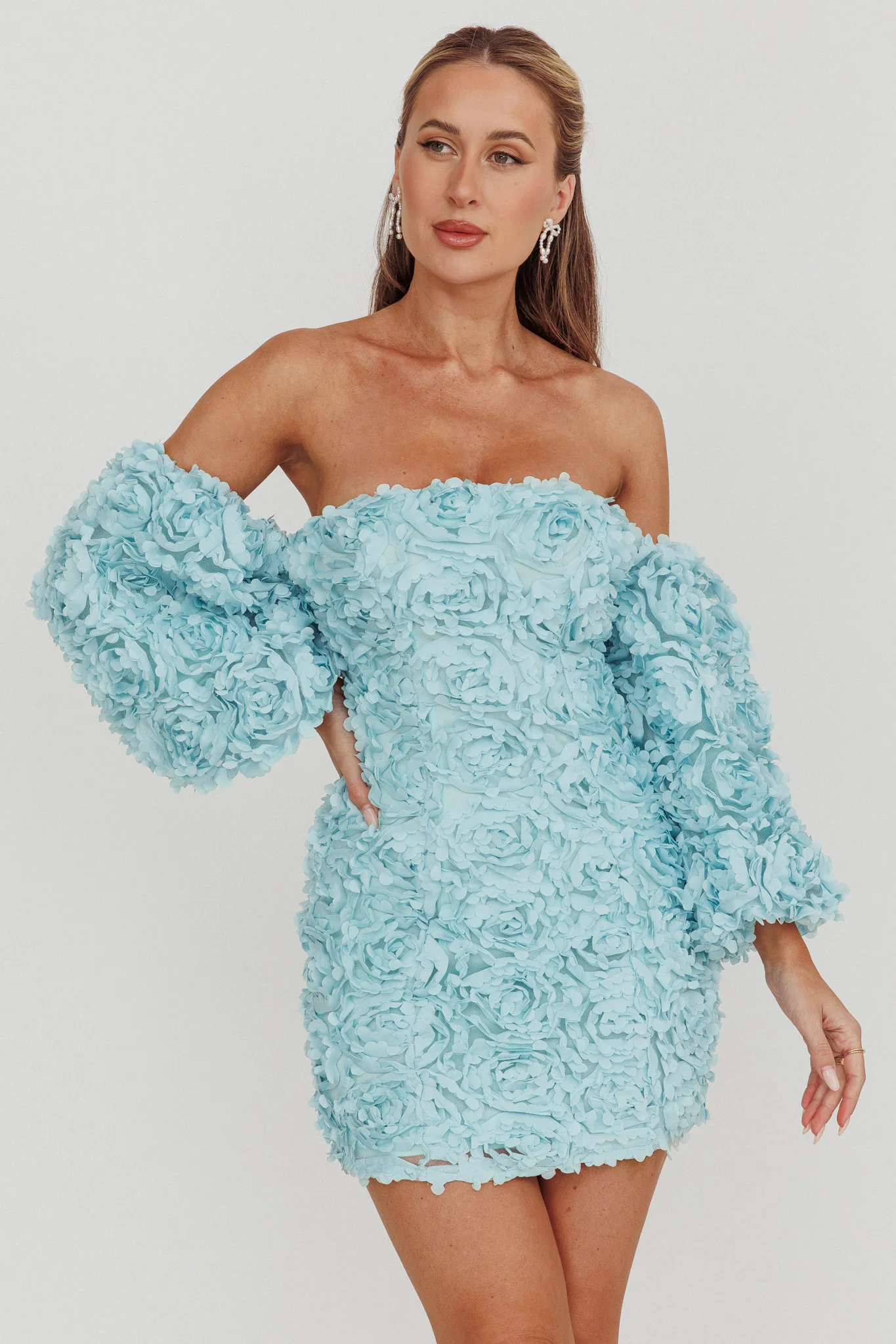 Vive La Rose Off-Shoulder Floral Mini Dress Baby Blue - Sonourner