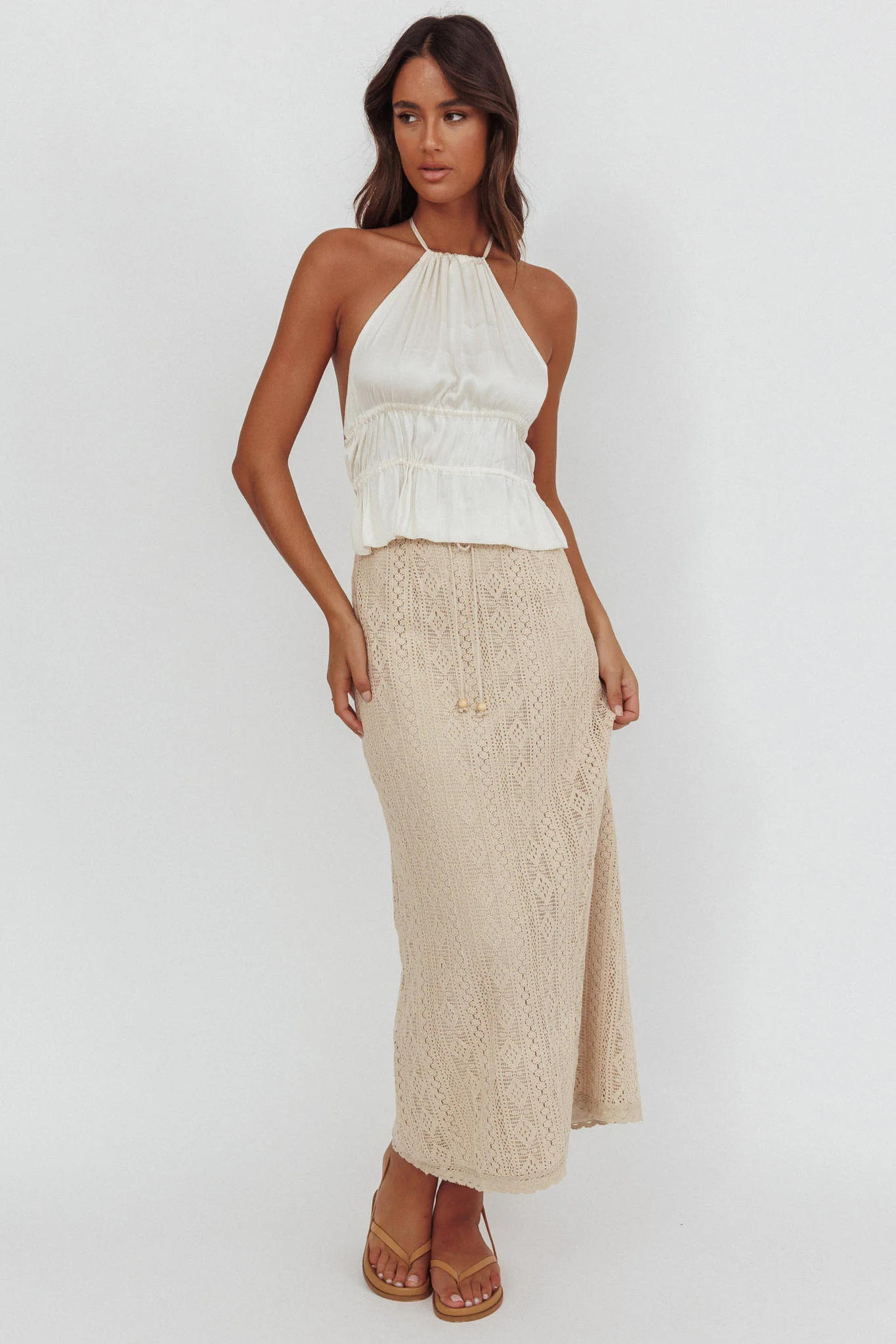 Days Away Crochet Lace Maxi Skirt Sand - Sonourner