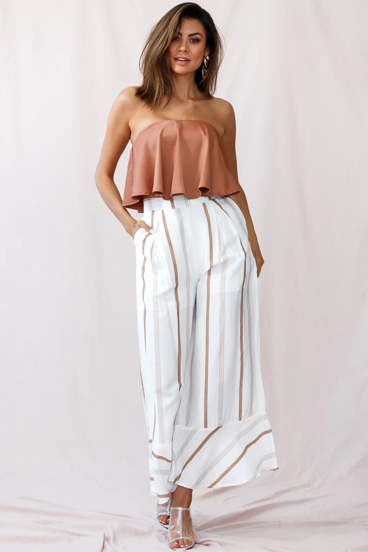 Hermosa Wide Leg Pocket Pants Stripe Print Tan - Sonourner