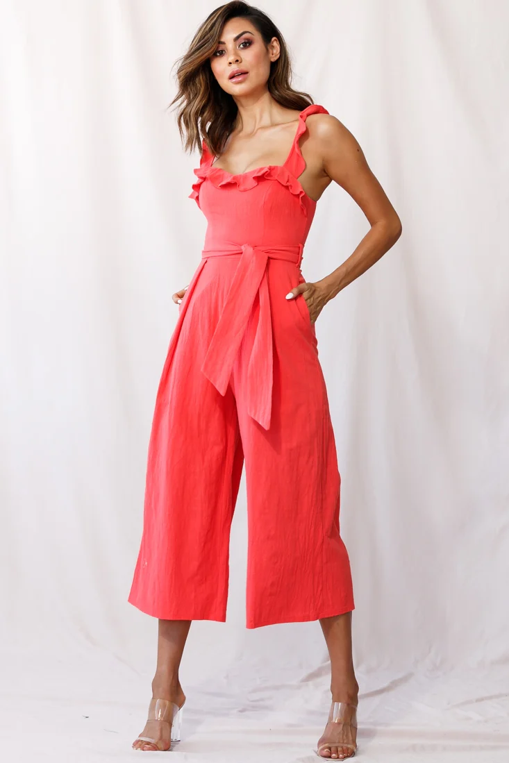 Kaia Ruffle Strap Wide-Leg Capri Jumpsuit Red - Sonourner