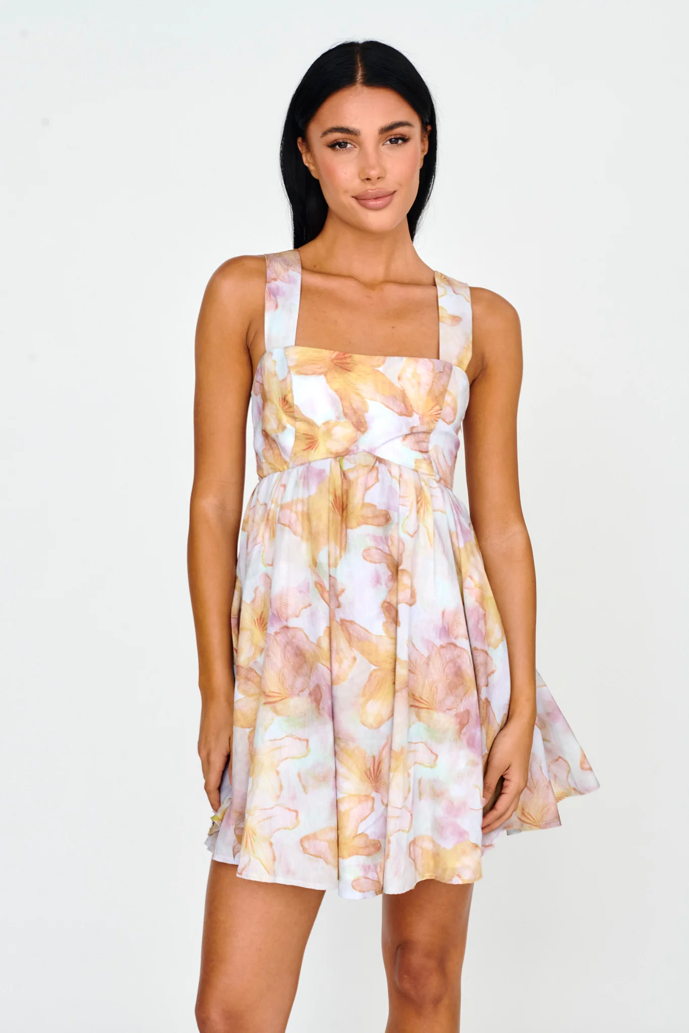 New Horizons Square Neckline Tied Mini Dress Yellow - Sonourner