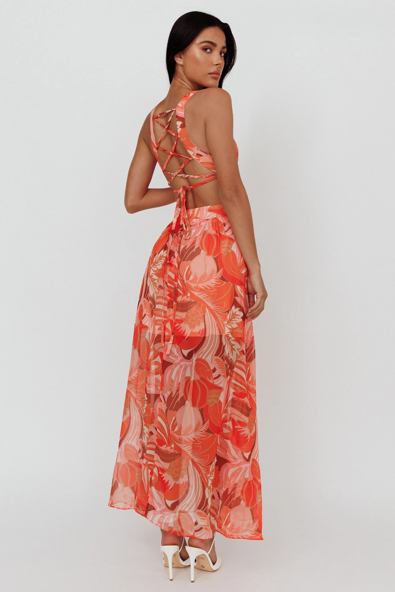 Maura Lace-Up Back Maxi Dress Floral Red - Sonourner
