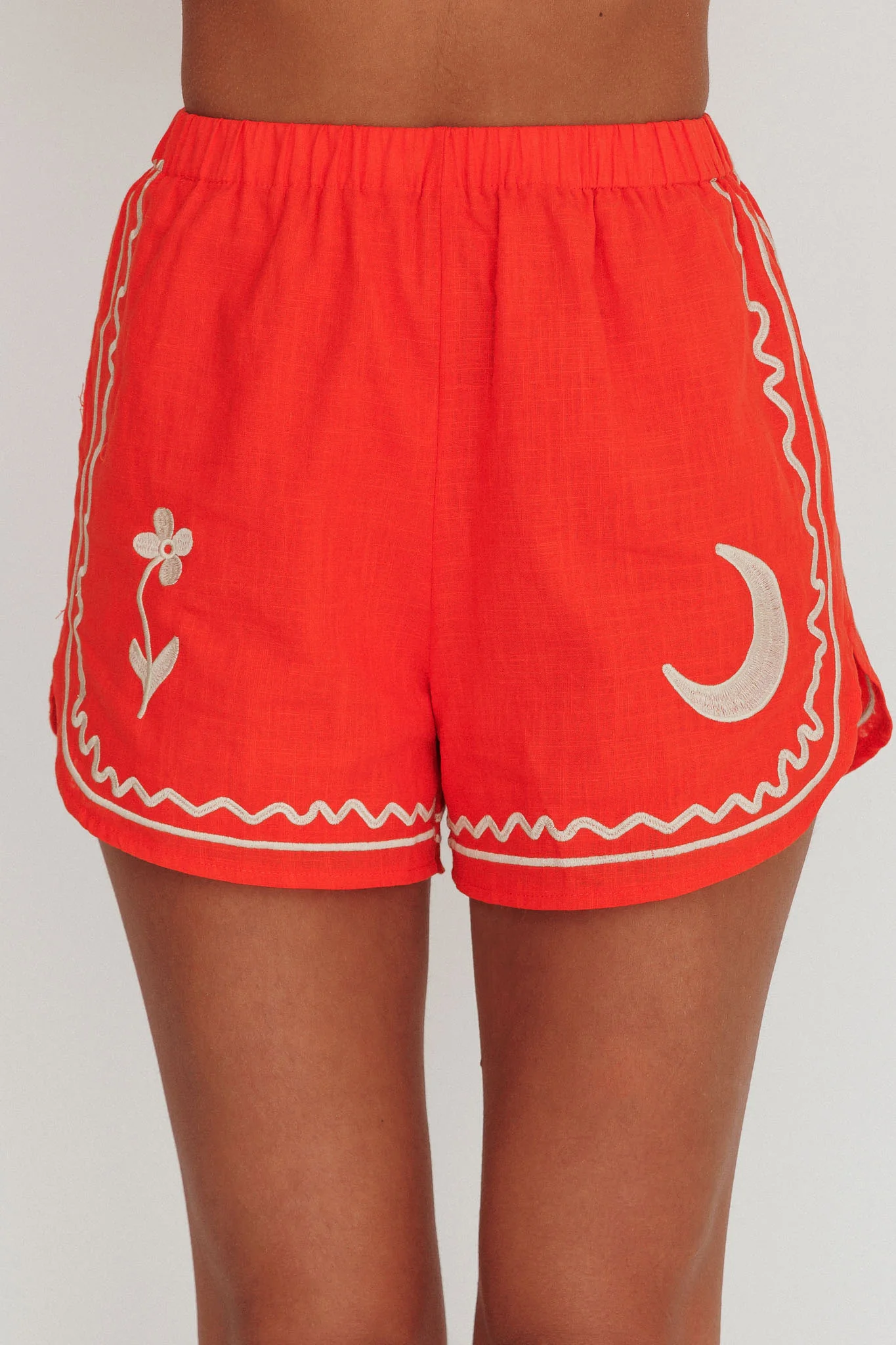 On Vacay Elastic Waist Embroidered Shorts Orange - Sonourner